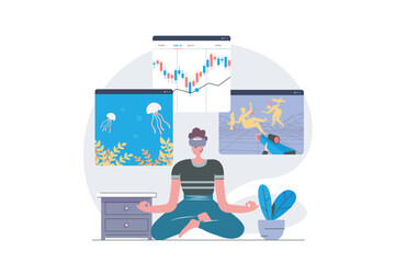 Aufkleber - Virtual reality concept in modern flat design for web. Man in VR headset paying shooter game and online aquarium, working with data graph analysis on augmented screens simulation. Vector illustration.