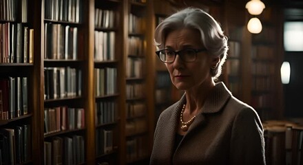 Wall Mural - Senior woman librarian in the library.