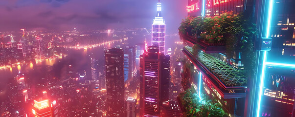 A vibrant cityscape at night, showcasing neon lights and a modern skyline filled with skyscrapers and greenery.