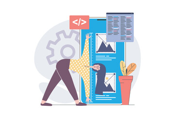 Web development concept in modern flat design for web. Woman developing and programming layout interface, engineering digital project for mobile phone, making settings on screen. Vector illustration.