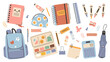© m_matvi - Back to school season. Set of art supplies and school stationery, cartoon style. Kawaii accessories for study, student equipment.
