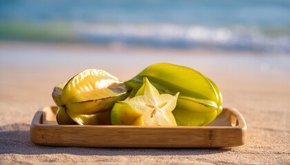 Poster - Fresh carambola on wooden tray on sunlit sandy beach, ocean waves Sweet and juicy tropical fruit.