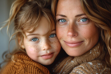 Wall Mural - Mother and Daughter Close-Up, A close-up portrait of a mother and her daughter with blue eyes and freckles