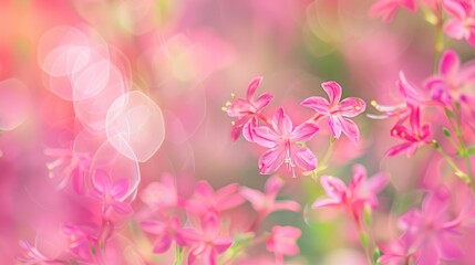 Wall Mural - Blurred pink flowers background with hints of green