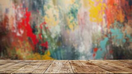 Poster - A wooden tabletop with a blurred background of colorful paint splatter.