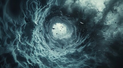 Wall Mural - Vortex of Floating Debris, A vortex of floating debris suspended in a zero-gravity environment, with particles orbiting around a central point.