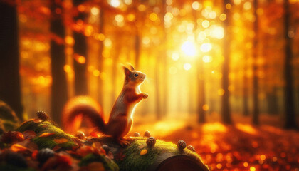 Wall Mural - Squirrel in enchanting autumn forest with golden light