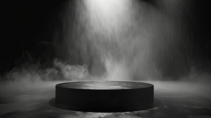 Abstract stage with a black podium and foggy background, perfect for a dramatic and dark product showcase.