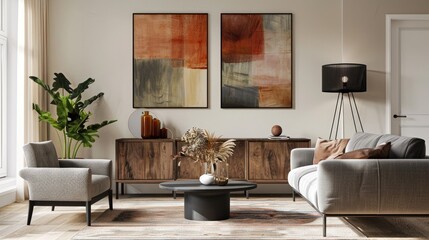 Wall Mural - Stylish Scandinavian living room with wooden chest, gray sofa, black table, decor, plants, and elegant accessories. Abstract paintings mockup.