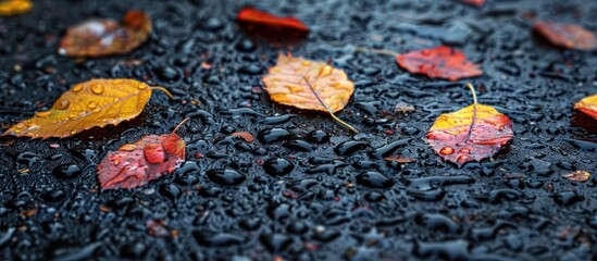 Wall Mural - Autumn Leaves on Wet Asphalt