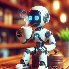 Ai robot drinking a coffee