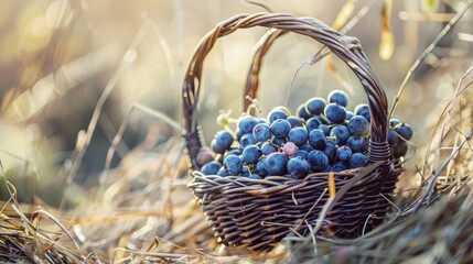 Wall Mural - Fresh blueberries in a wicker basket on hay, showcasing healthy eating and organic farming practices under natural light.