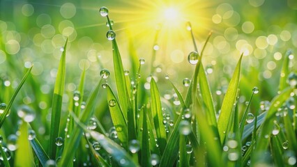 Wall Mural - Fresh green grass with dew drops close up, nature background, grass, green, fresh, dew drops, close up, nature, background