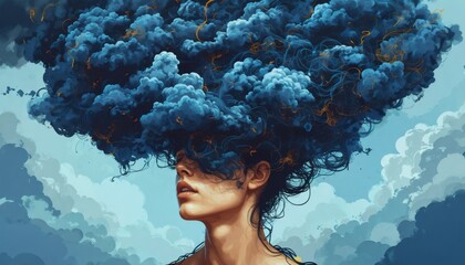 Wall Mural - vector art of a person with a chaotic dark blue cloud of tangled thoughts above their head, abstract style, intricate patterns suggest a complex and cluttered mental state