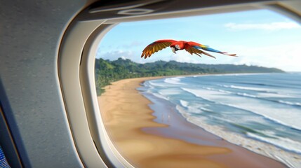 Wall Mural - A colorful parrot flies over a beach and ocean