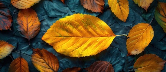 Wall Mural - Autumnal Leaf Display on Teal Background