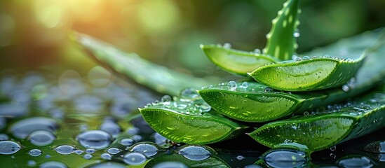 Wall Mural - Fresh Aloe Vera Leaves with Dew Drops