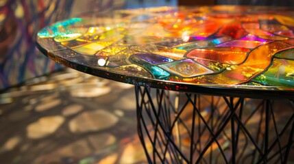 Aufkleber - A close-up of a table with a colorful glass tabletop, showcasing intricate patterns and a shimmering effect.
