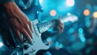 © svastix - A detailed view of a musician's hands skillfully playing an electric guitar during a concert, highlighting the intensity and passion of the live musical performance.