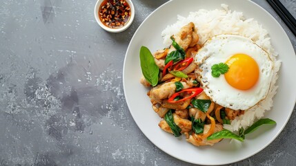 Wall Mural - Fresh and tasty Thai basil chicken with fried egg