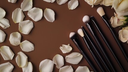 Wall Mural - Makeup brushes with white rose petals on brown background for beauty conceptShi Flat lay