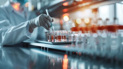 Wall Mural - a scientist carefully analyzes samples using advanced equipment in a high-tech laboratory, highlight