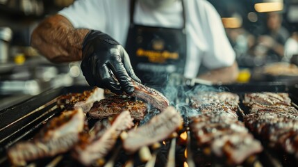 Wall Mural - A closeup of a chef expertly grilling ribs on a barbecue grill, capturing the smoky flavors and meticulous cooking process for a mouthwatering culinary delight.