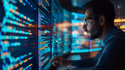 male software developer working on his computer surrounded by glowing screens displaying digital cod