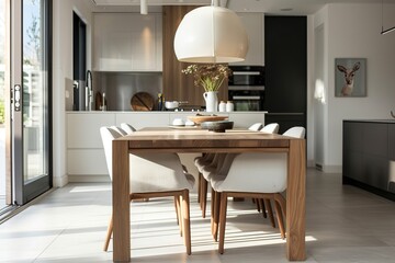 Canvas Print - Dining room interior with wooden table and chairs.