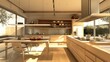 © Lcs - Modern kitchen interior with minimalistic design, including shelves, a counter bar, and a cooking zone for a sleek home dining room