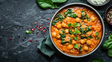 Wall Mural - A vibrant chickpea curry seasoned with spices, garnished with fresh spinach leaves, served in a stylish gray bowl on a dark stone background.