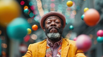 This image shows a person dressed in a vibrant outfit with multiple colorful balls floating around, creating a whimsical and playful atmosphere with an abstract touch in a city setting.