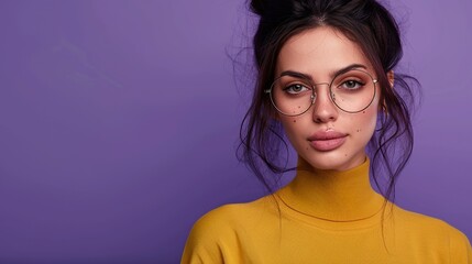 a sophisticated Indian female in glasses with an elegant pose, against a purple background that signifies creativity and wisdom