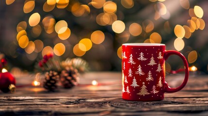 Wall Mural - Festive Red Christmas Mug with Pinecones and Lights on Rustic Wooden Table