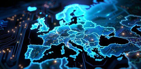 Wall Mural - Map of Western Europe with digital elements, idea of an EU network and connectivity, data transfer and cyber technology, business and information exchange.