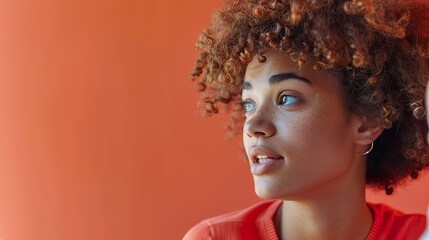 a woman with curly hair in a youthful casual look, chatting with a friend against a coral background, allowing for the incorporation of text or graphic elements