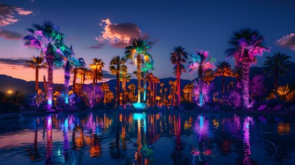 Mystical desert oasis with glowing, colorful palm trees and a shimmering, magical pool