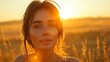© lnwAI - Radiant portrait of a woman in a sunlit field during golden hour, capturing the warm hues and soft light, golden hour portrait photography, serene and glowing beauty