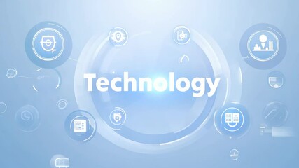 The word Technology in the center surrounded by many icons, symbolizing various aspects of innovation