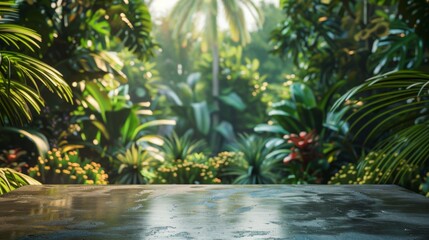 Poster - A stone tabletop sits in front of a lush tropical rainforest backdrop. Sunlight streams through the dense foliage, creating a soft, diffused glow.