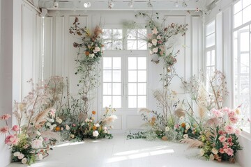 Wedding backdrop aesthetic flower minimalist decoration sunlight studio indoor white background