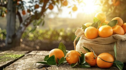 Wall Mural - Oranges in a jute sack on a rustic wooden table, set against a blurry farm backdrop, emphasizing the fresh harvest and agricultural context