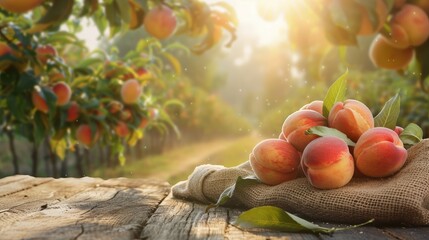 Wall Mural - Peach harvest in a jute sack on a wooden table, with a blurry crop farm background, highlighting fresh and delicious produce