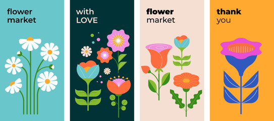 Wall Mural - modern flowers illustrations. geometric, flat style design, folk motif, bright and colorful flowers.