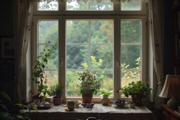 Canvas Print - Interior of a country house with flowers in pots and a window