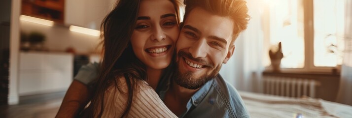 Joyful Couple Sharing Love in Cozy Home - Handsome young man and beautiful woman happy, smiling, husband and wife hugging at home, happy family and marriage concept, close relationship