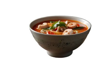 Wall Mural - Tom Yam Kung Spicy Thai soup with shrimp in a white bowl isolated on transparent backgound