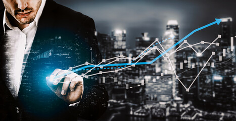 Wall Mural - Double Exposure Image of Business and Finance - Businessman with report chart up forward to financial profit growth of stock market investment. uds