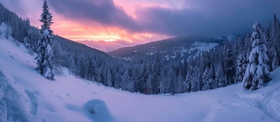 Wall Mural - Snowy Mountain Landscape with Pink Sunset