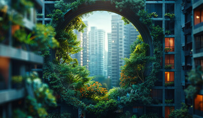 Canvas Print - A green circle with trees and buildings in the background